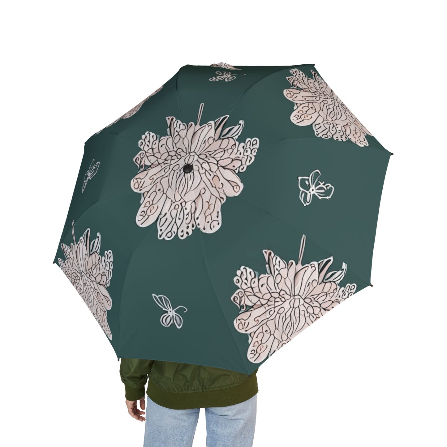 Soft White Floral Butterflies Foldable Umbrella - Compact & Chic
