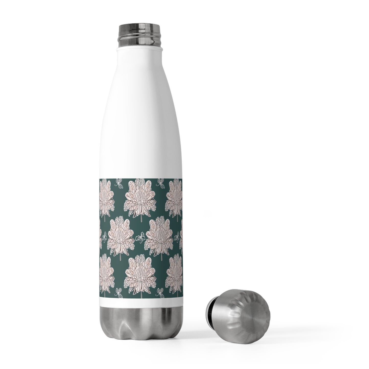 Soft White Floral Butterflies 20oz Insulated Water Bottle