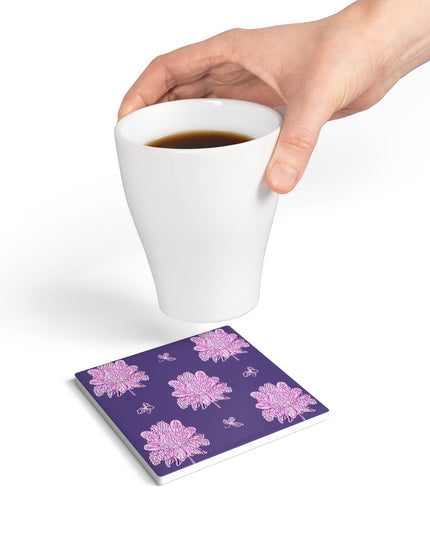Magenta Floral Butterflies 4" x 4" Square Ceramic Coaster