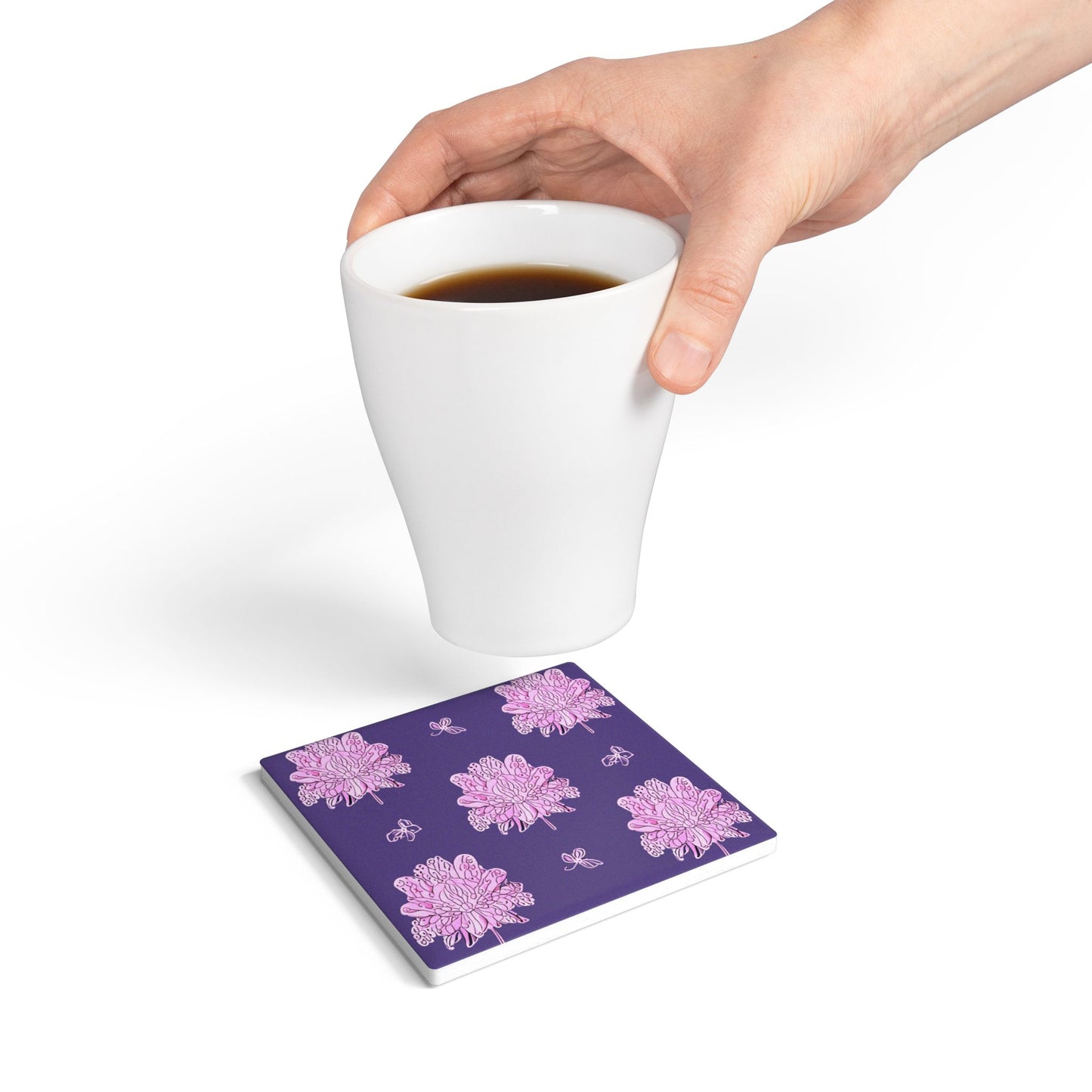 Magenta Floral Butterflies 4" x 4" Square Ceramic Coaster