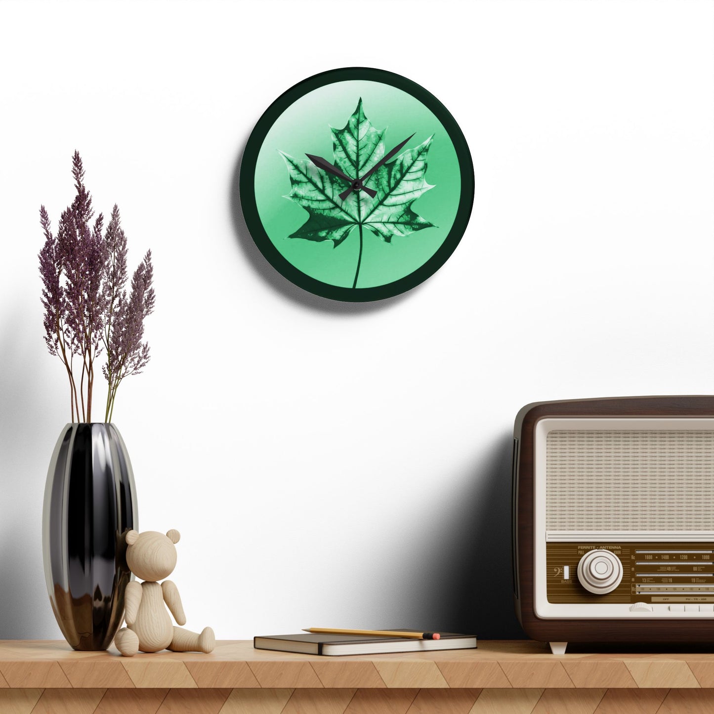 Mint Green Maple Leaf Acrylic Wall Clock, Round or Square, 10.75" x 10.75"
