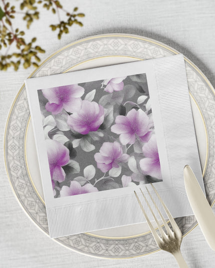 Purple Blossom Floral Bunch White Coined Napkins, 6.5" x 6.5"