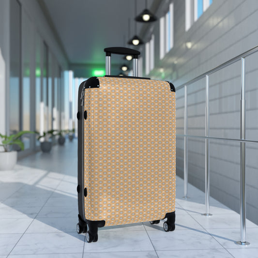 Tan Sunset Star-crossed Bodies Medium Suitcase with built in lock, 4 double-wheels, telescopic handle, and ABS back hard-shell