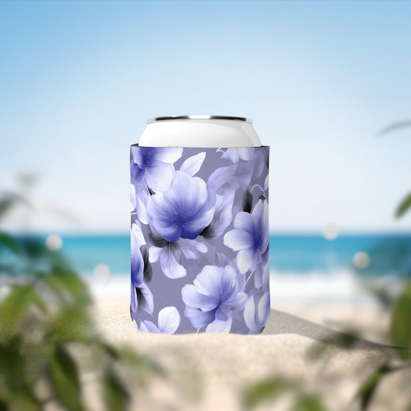 Indigo Blossom Floral Bunch 12 oz Can Cooler Sleeve