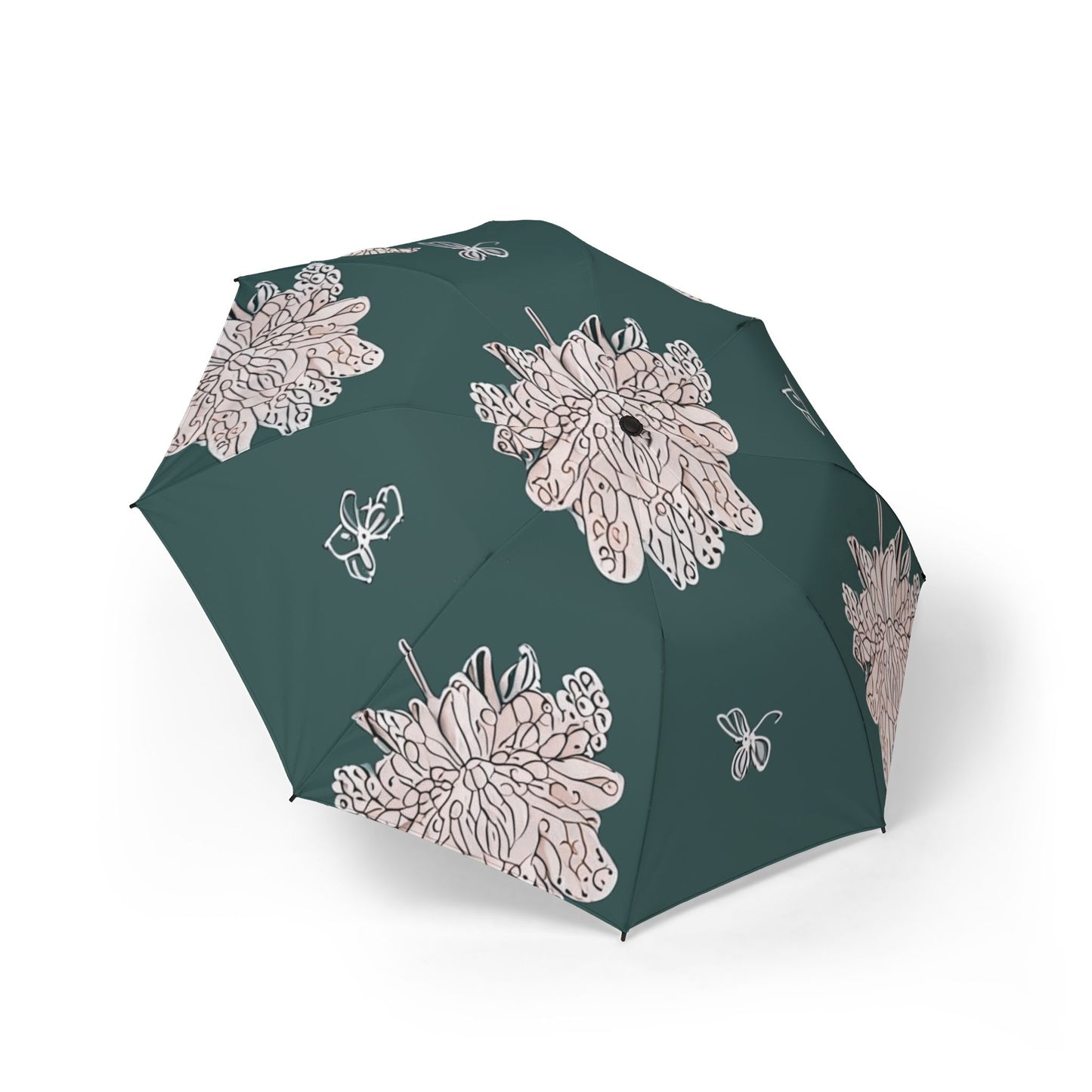 Soft White Floral Butterflies Foldable Umbrella - Compact & Chic
