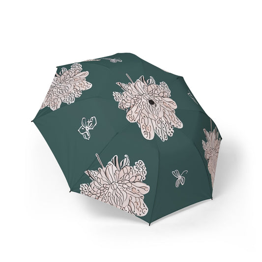Soft White Floral Butterflies Foldable Umbrella - Compact & Chic