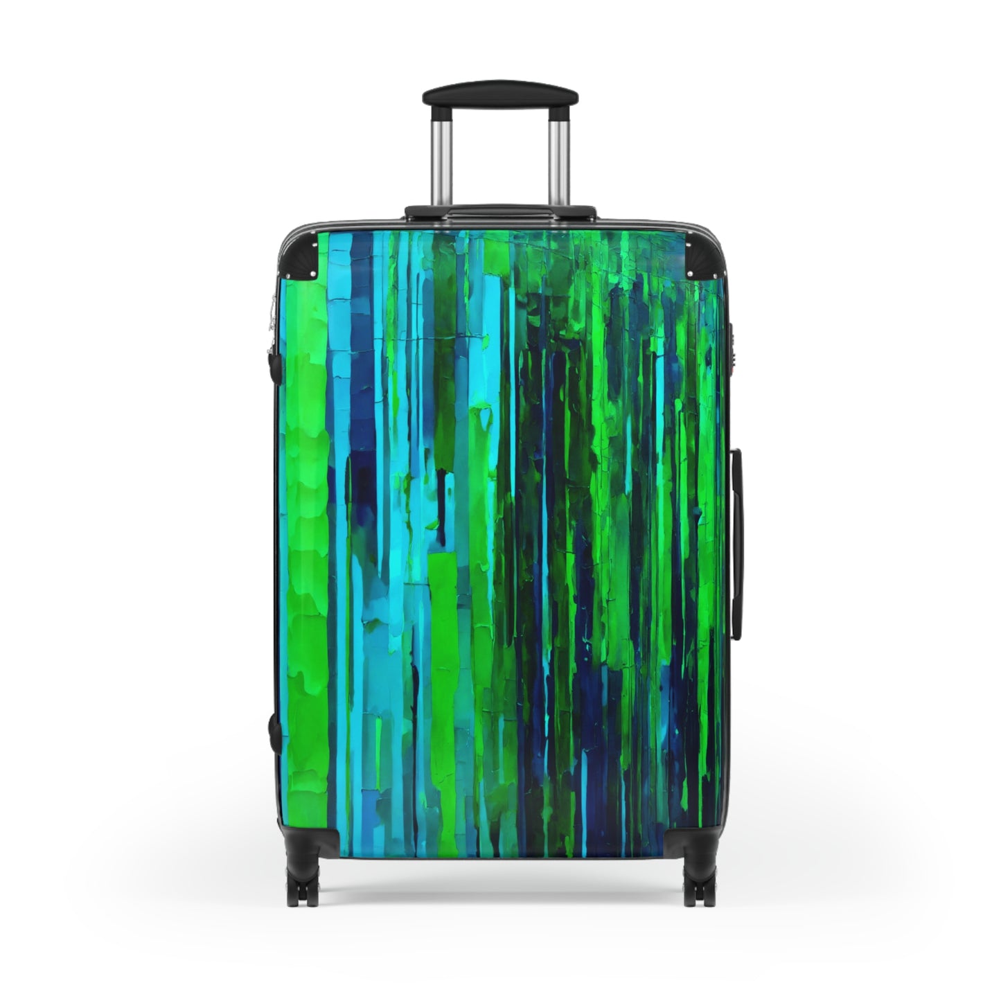 Striped Blue Green Large Suitcase with built in lock, 4 double-wheels, telescopic handle, and ABS back hard-shell