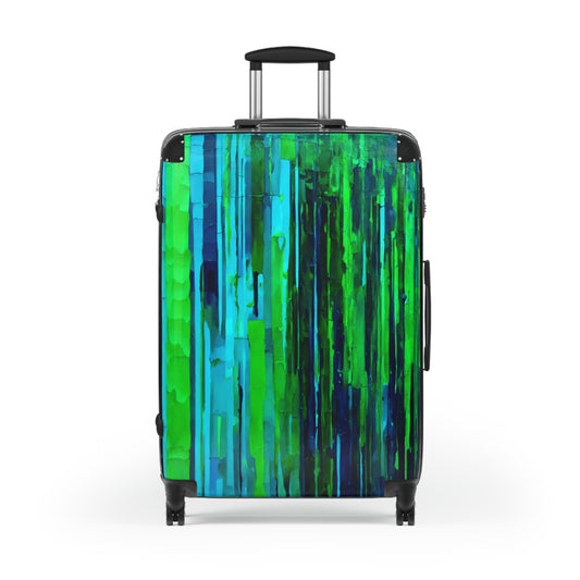 Striped Blue Green Large Suitcase with built in lock, 4 double-wheels, telescopic handle, and ABS back hard-shell