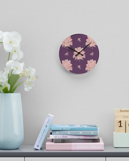 Pink Floral Butterflies Acrylic Round Wall Clock, 8" x 8"