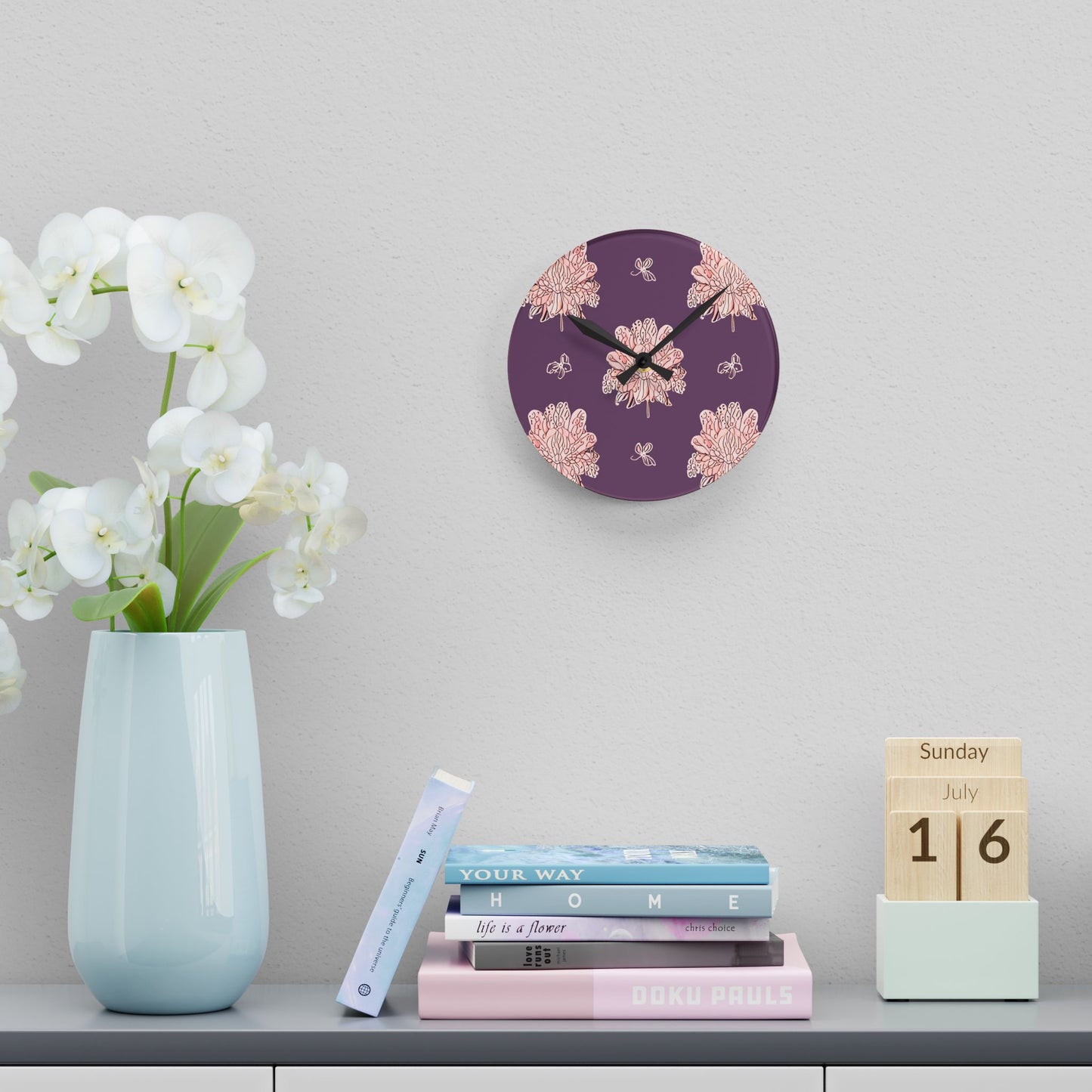 Pink Floral Butterflies Acrylic Round Wall Clock, 8" x 8"