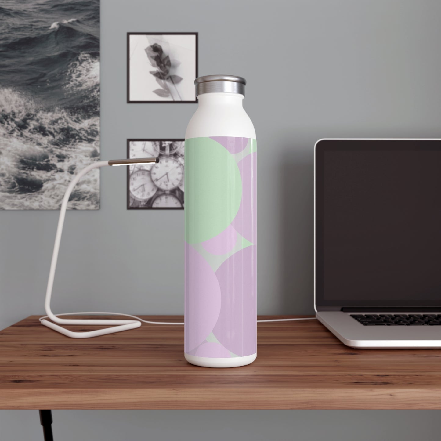 Pastel Lavender Purple and Soft Green Patches Slim Water Bottle, 20 oz White