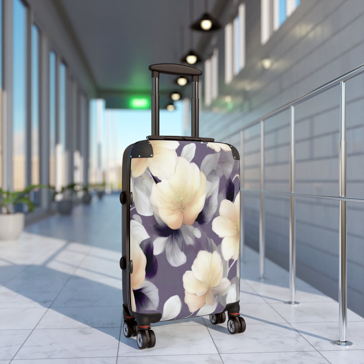 White Blush Floral Bunch Small Suitcase with built in lock, 4 double-wheels, telescopic handle, and ABS back hard-shell