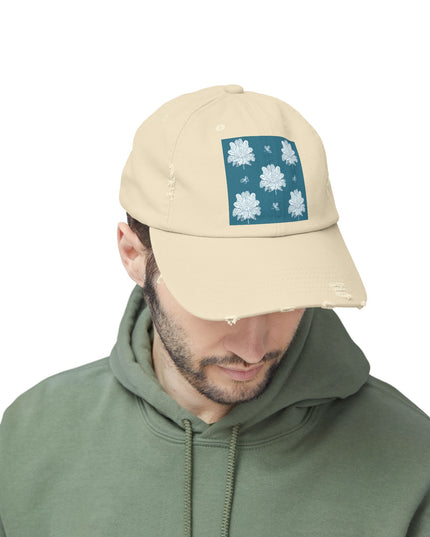 Tif Green White Floral Butterflies Unisex Distressed Cap