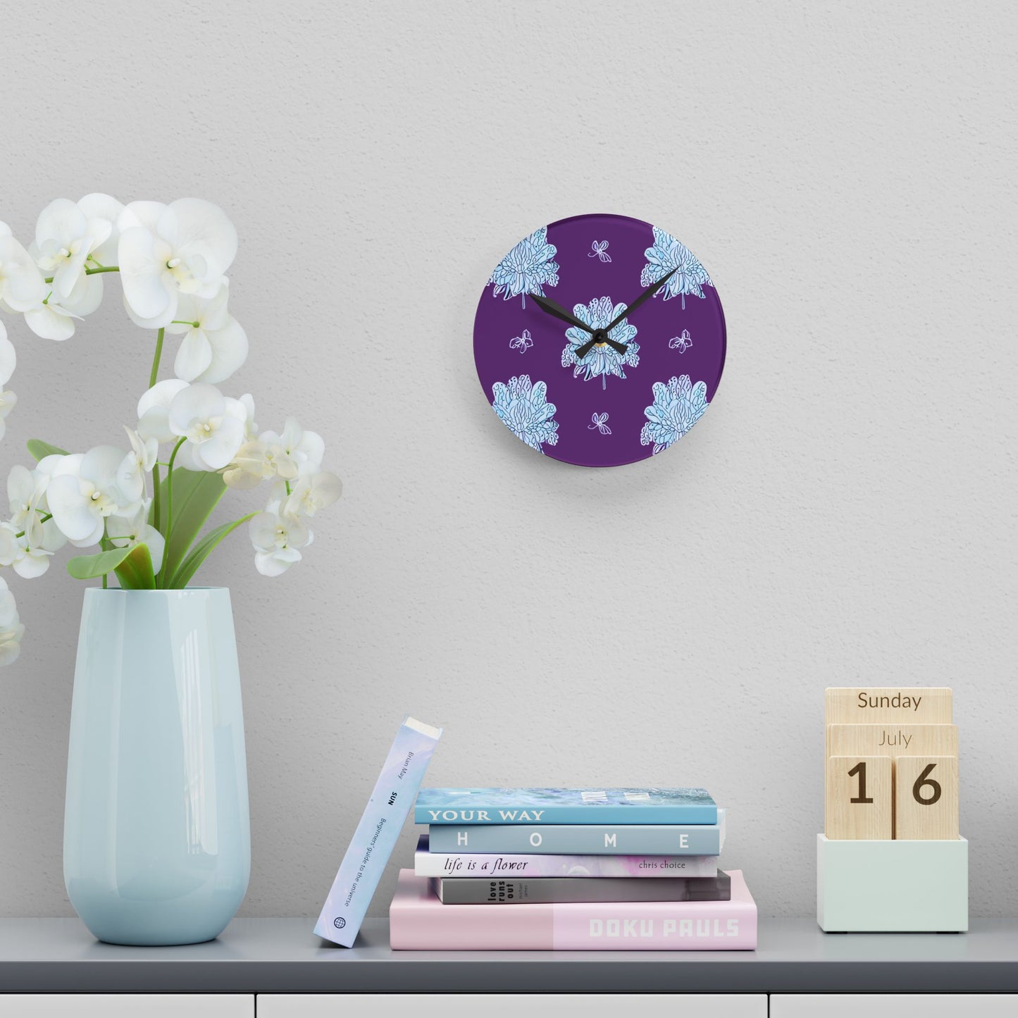 Blue Floral Butterflies Acrylic Round Wall Clock, 8" x 8"