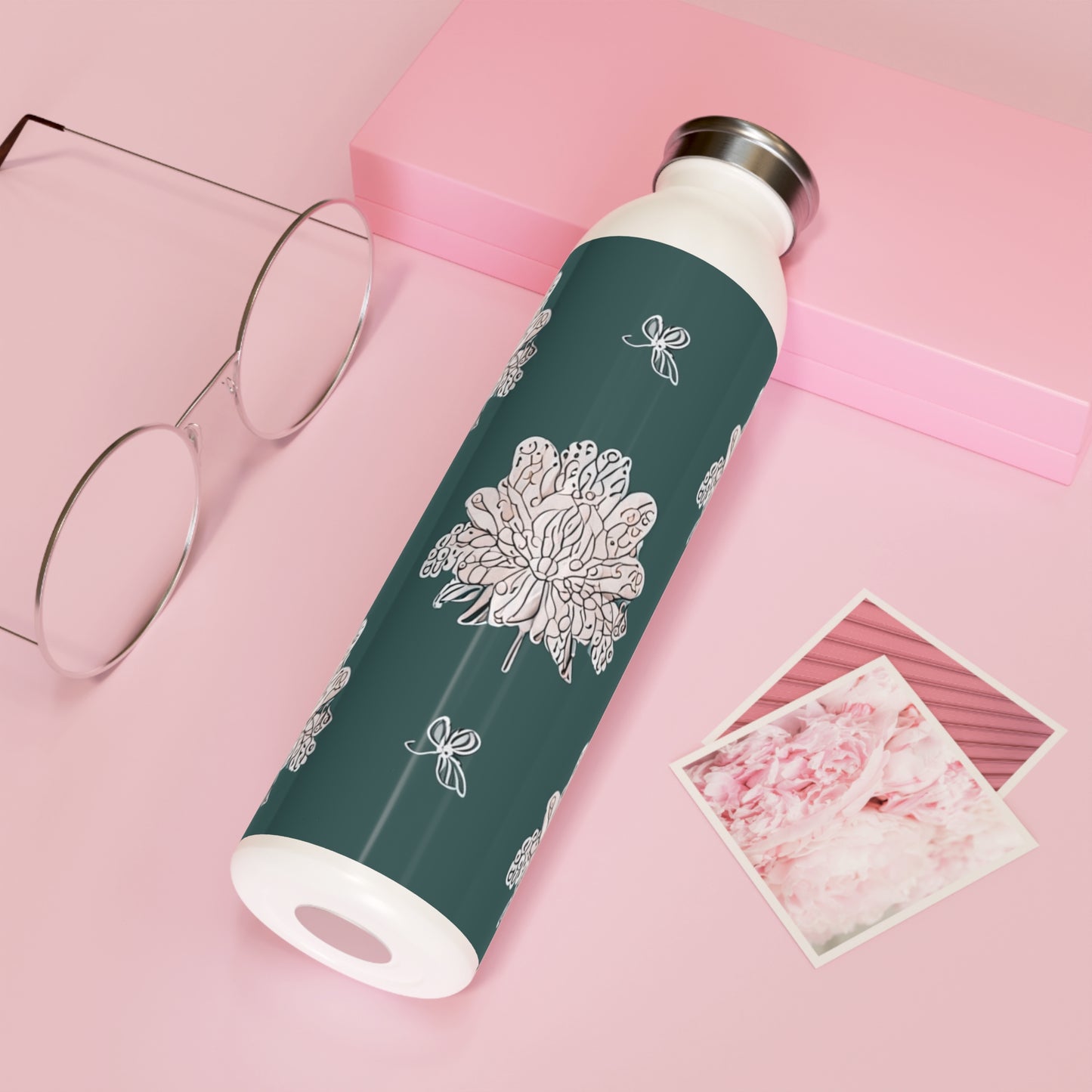 Soft White Floral Butterflies Slim Water Bottle, 20 oz White