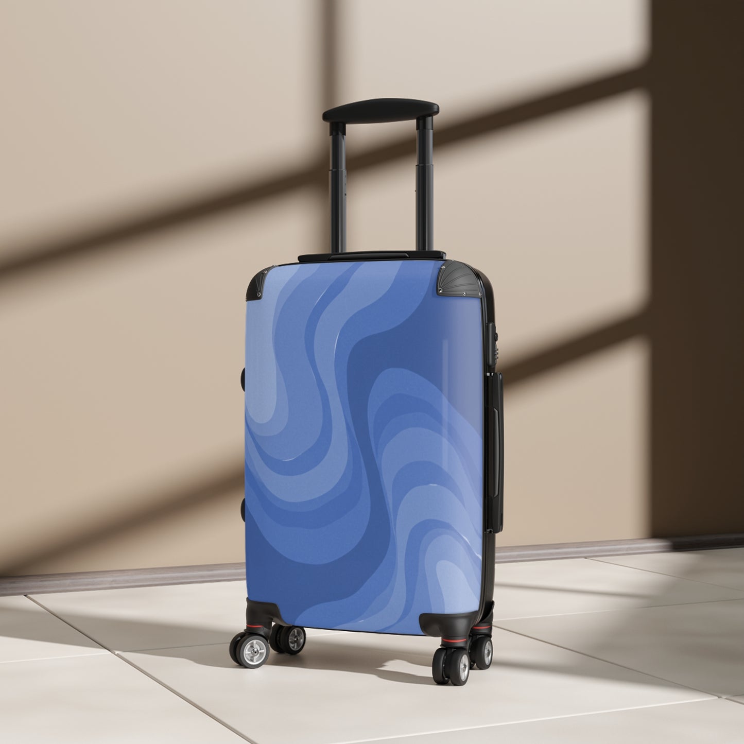 Deep Blue Wavey Small Suitcase with built in lock, 4 double-wheels, telescopic handle, and ABS back hard-shell