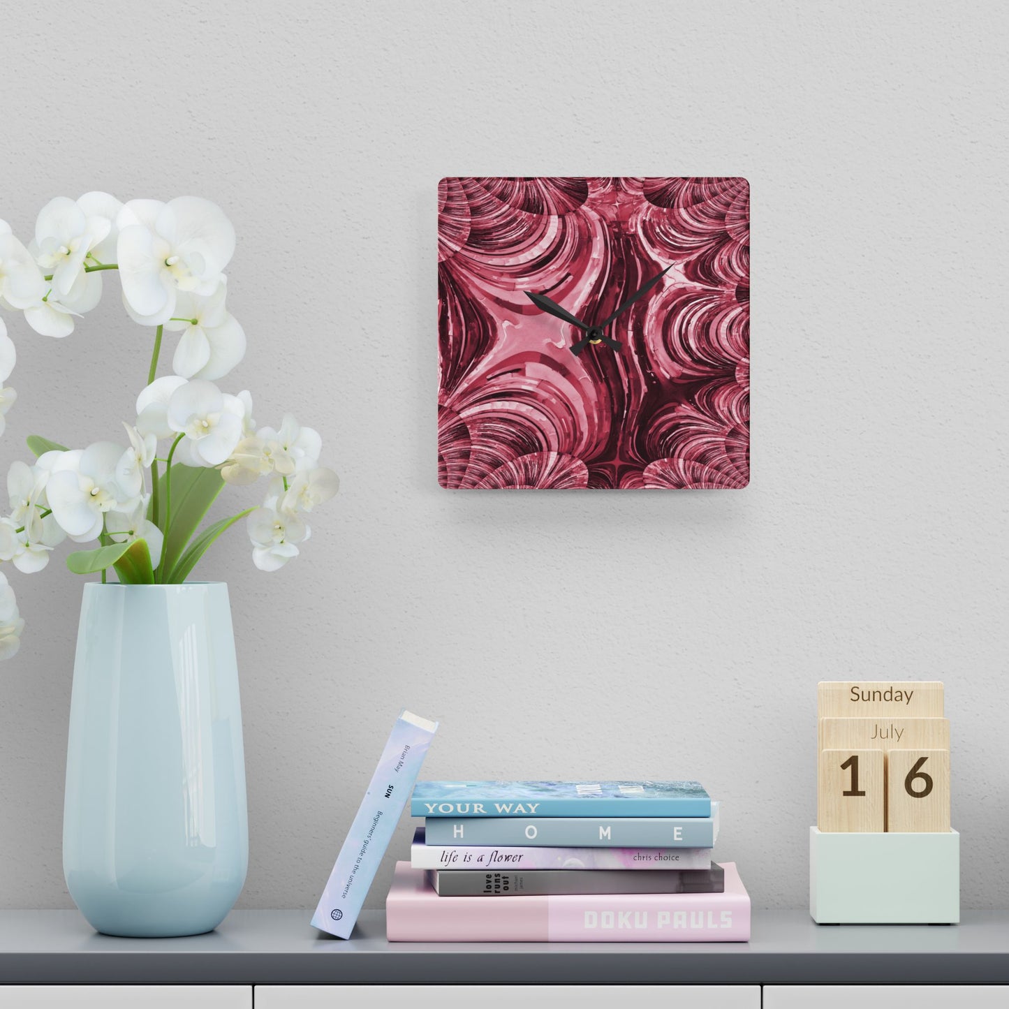 Uzi Spiral Ruby Acrylic Wall Clock, Round or Square, 10.75" x 10.75"