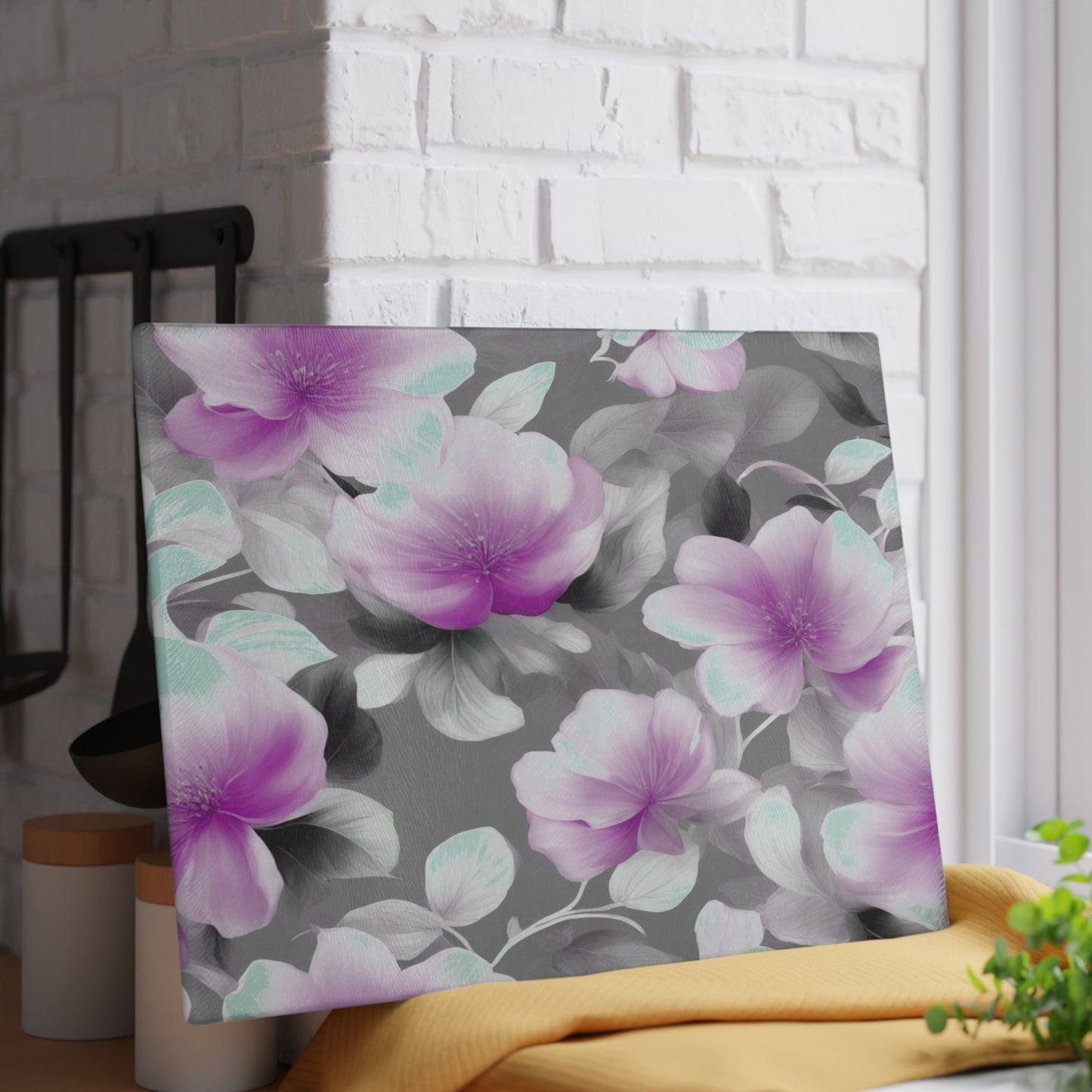 Purple Blossom Floral Bunch Glass Cutting Board, 11" x 15"