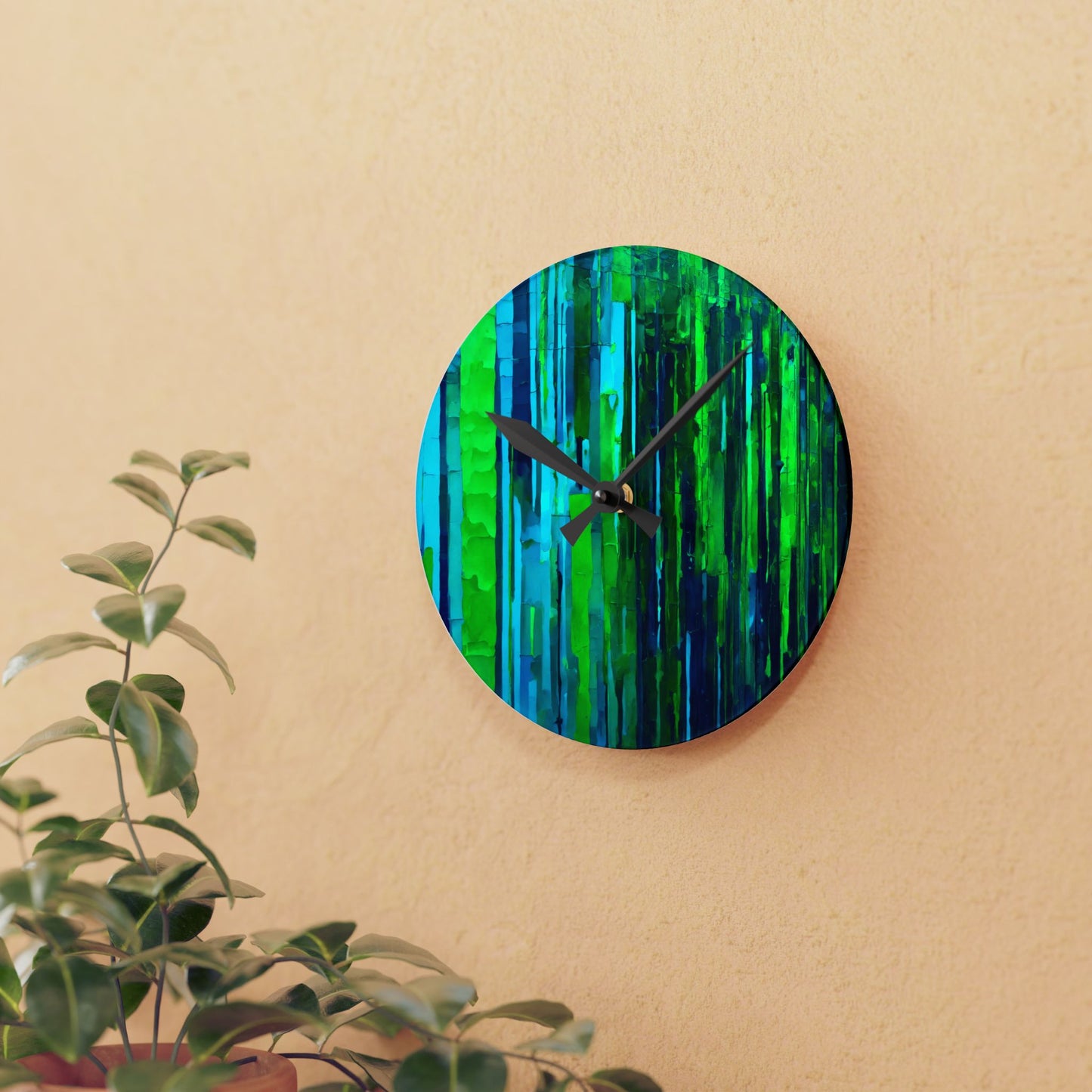 Striped Blue Green Acrylic Round Wall Clock, 8" x 8"