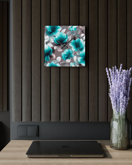 Tif Green Gray Floral Bunch Acrylic Wall Clock, Round or Square, 10.75" x 10.75"