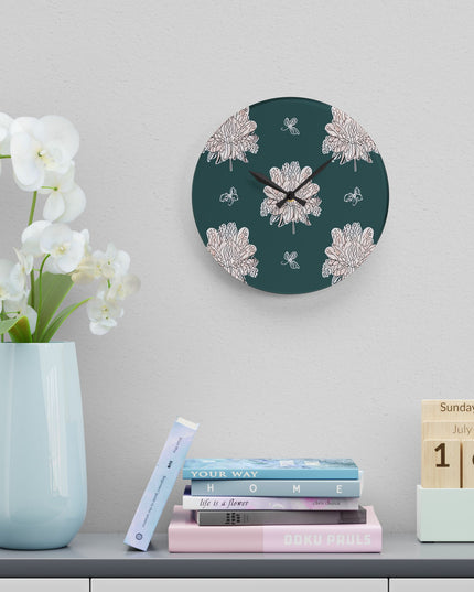 Soft White Floral Butterflies Acrylic Wall Clock, Round or Square, 10.75" x 10.75"