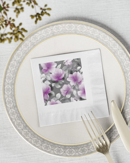 Purple Blossom Floral Bunch White Coined Napkins, 4.8" x 4.8"