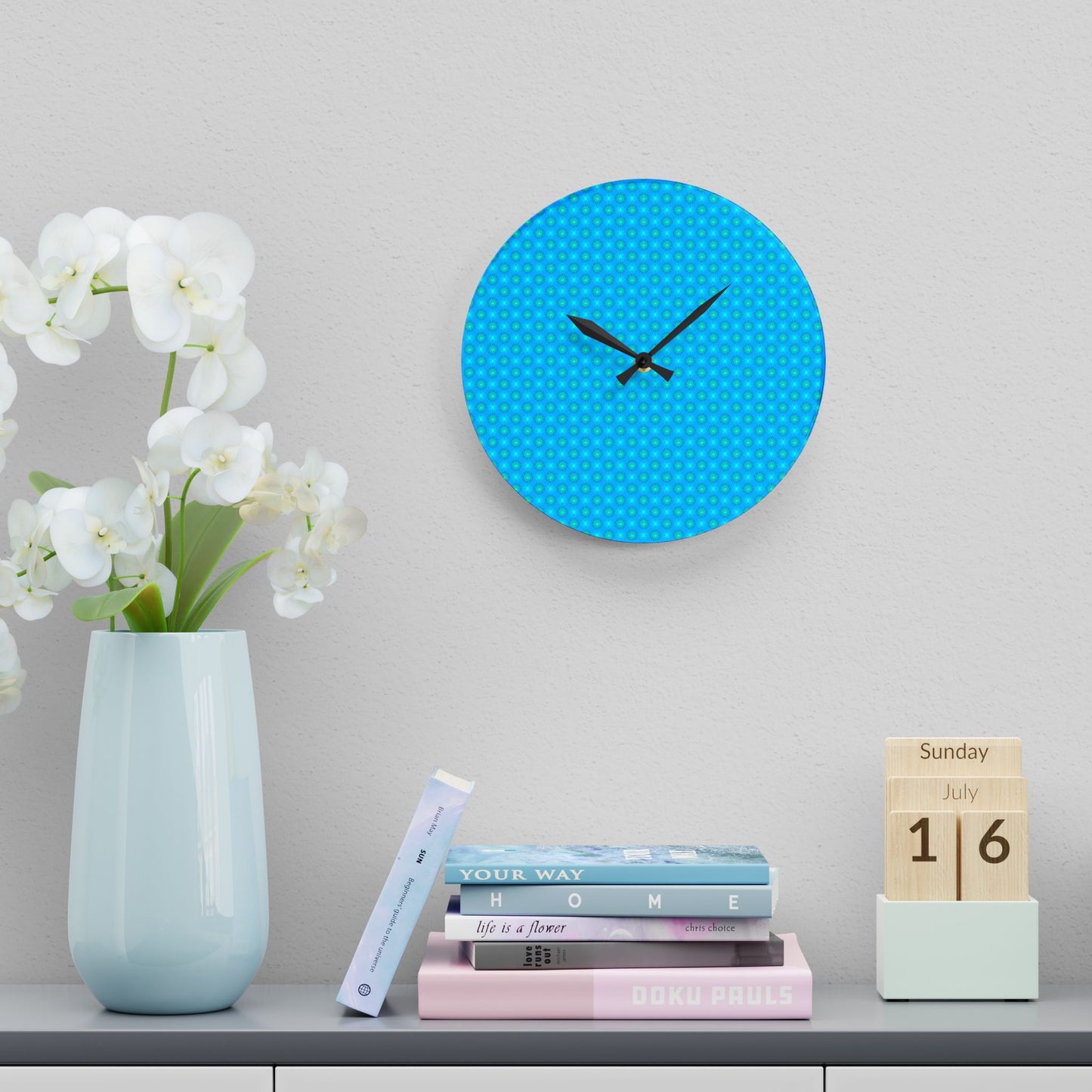 Blue Green Star-crossed Bodies Acrylic Wall Clock, Round or Square, 10.75" x 10.75"