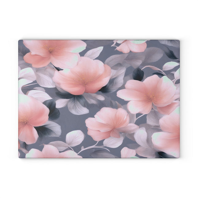 Peach and Blue Gray Floral Bunch Glass Cutting Board, 11" x 15"