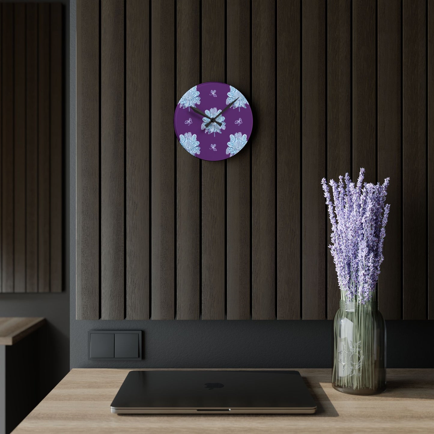 Blue Floral Butterflies Acrylic Round Wall Clock, 8" x 8"