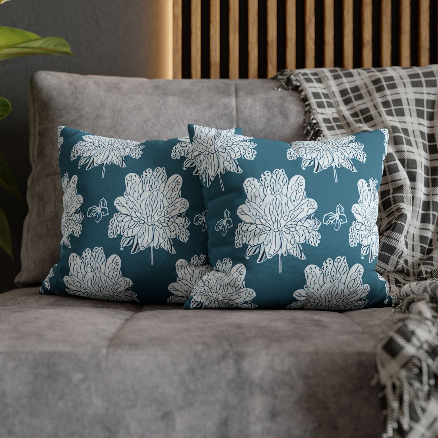 Tif Green White Floral Butterflies Spun Polyester Square Pillowcase, 14" x 14"