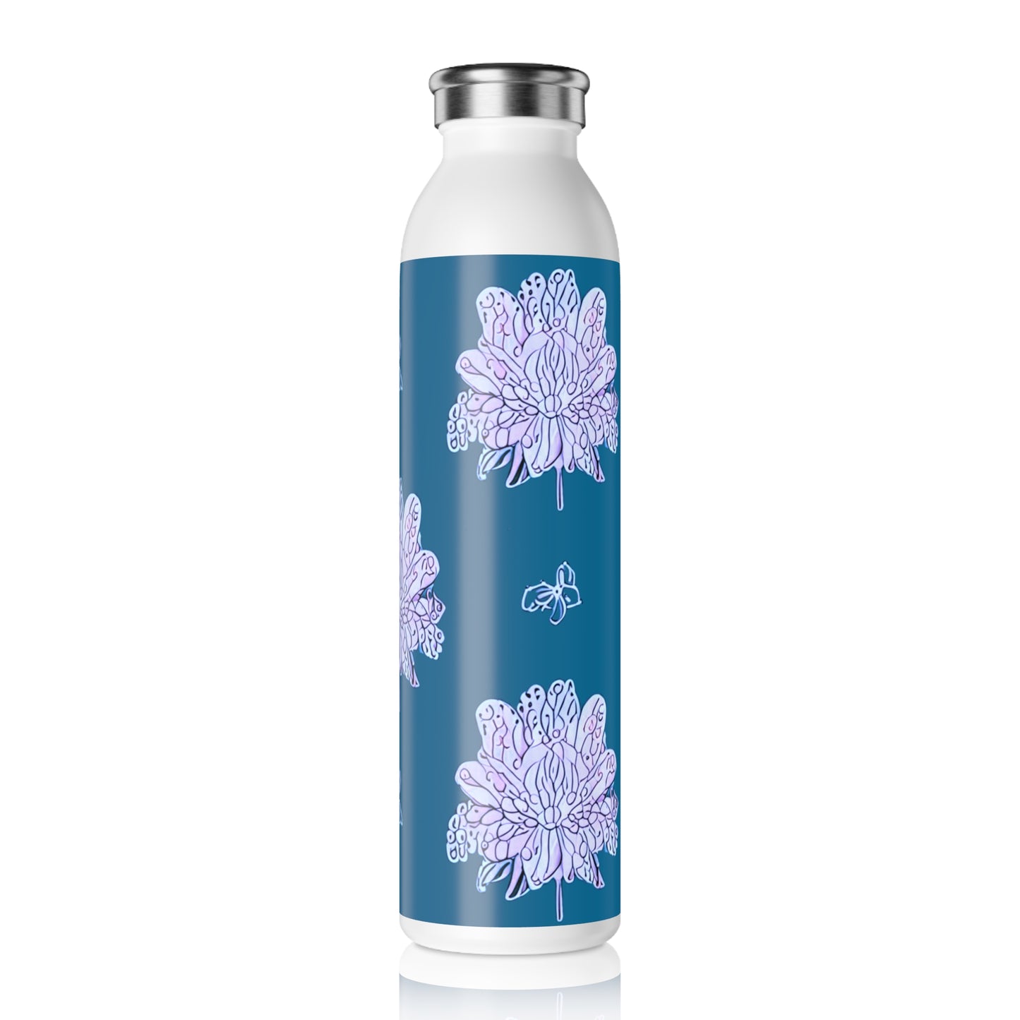 Lavender Floral Butterflies Slim Water Bottle, 20 oz White