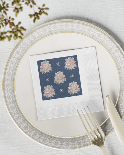 Rose White Floral Butterflies White Coined Napkins, 4.8" x 4.8"