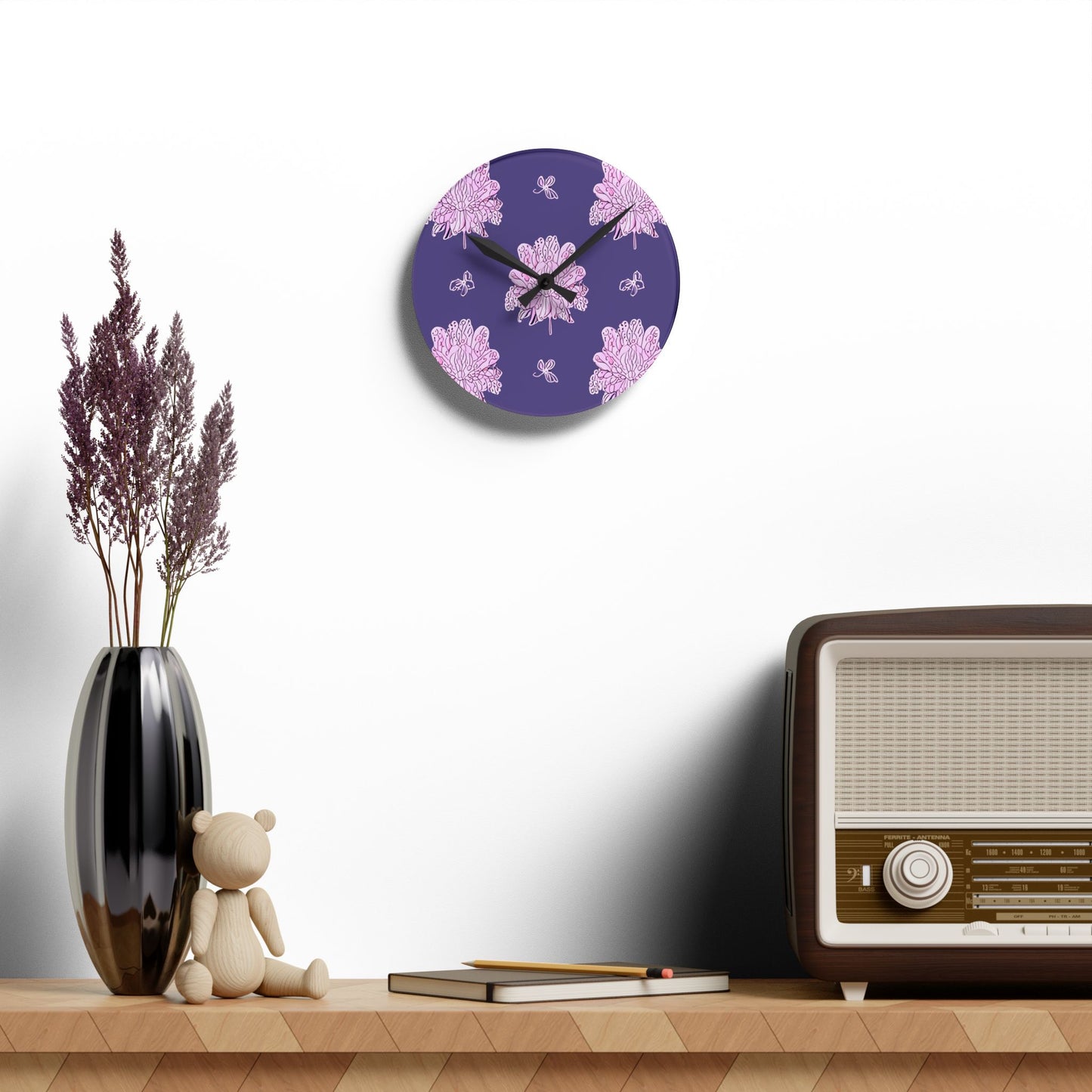 Magenta Floral Butterflies Acrylic Round Wall Clock, 8" x 8"