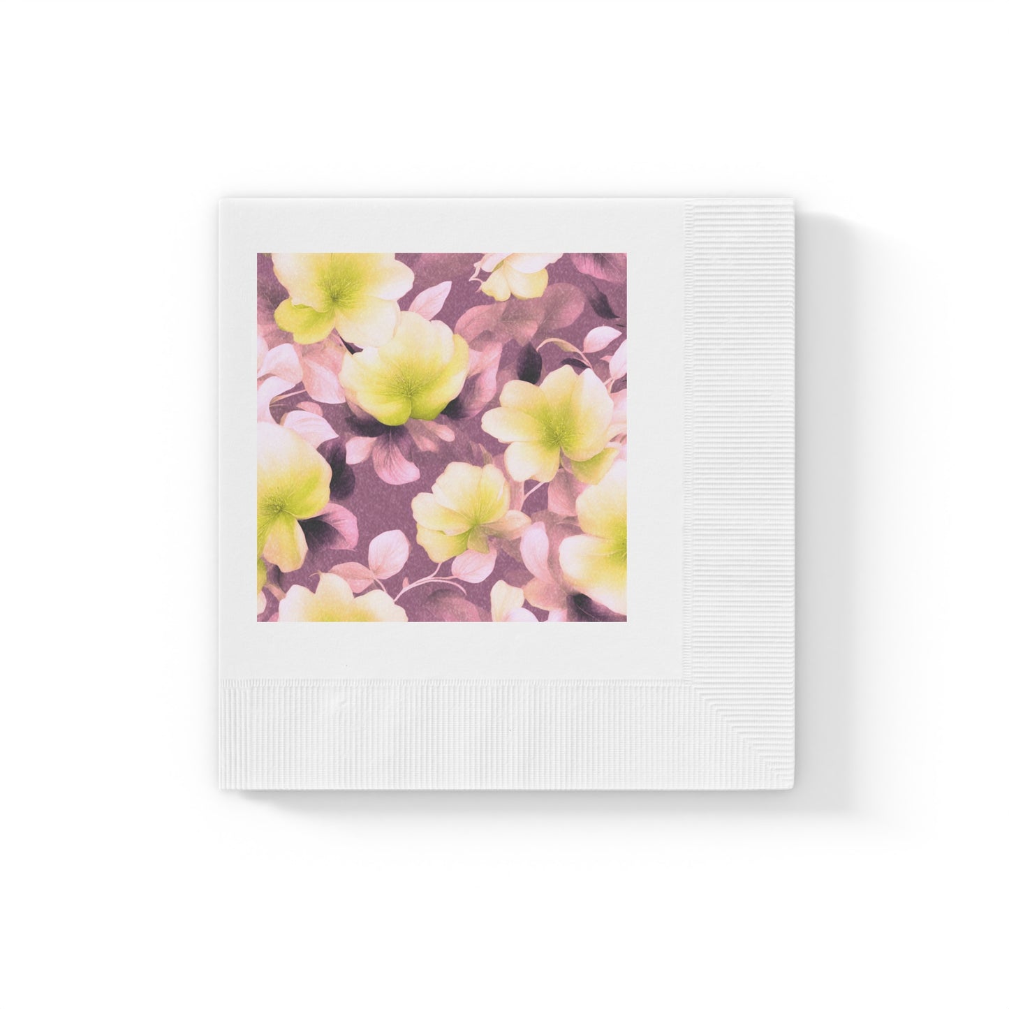 Lemon Blossom Floral Bunch White Coined Napkins, 4.8" x 4.8"