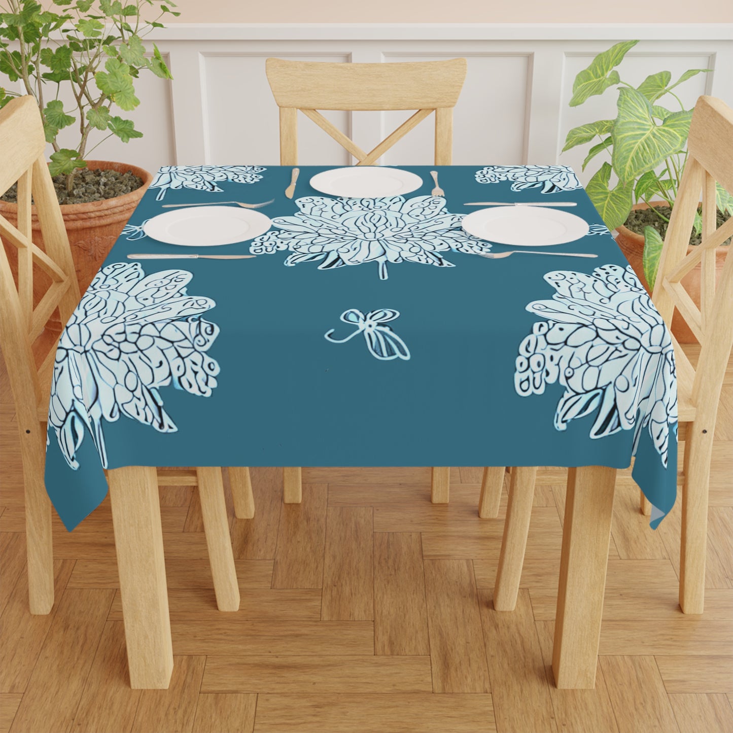 Tif Green White Floral Butterflies Tablecloth, 55" x 55"