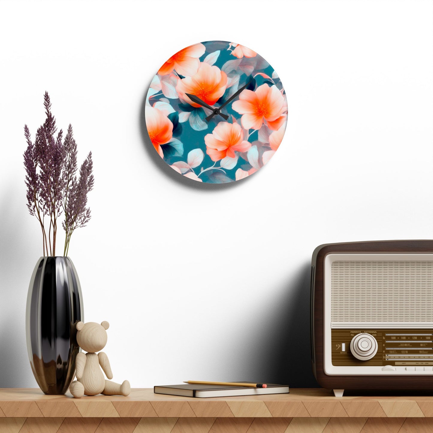 Orange Blossom Floral Bunch Acrylic Wall Clock, Round or Square, 10.75" x 10.75"