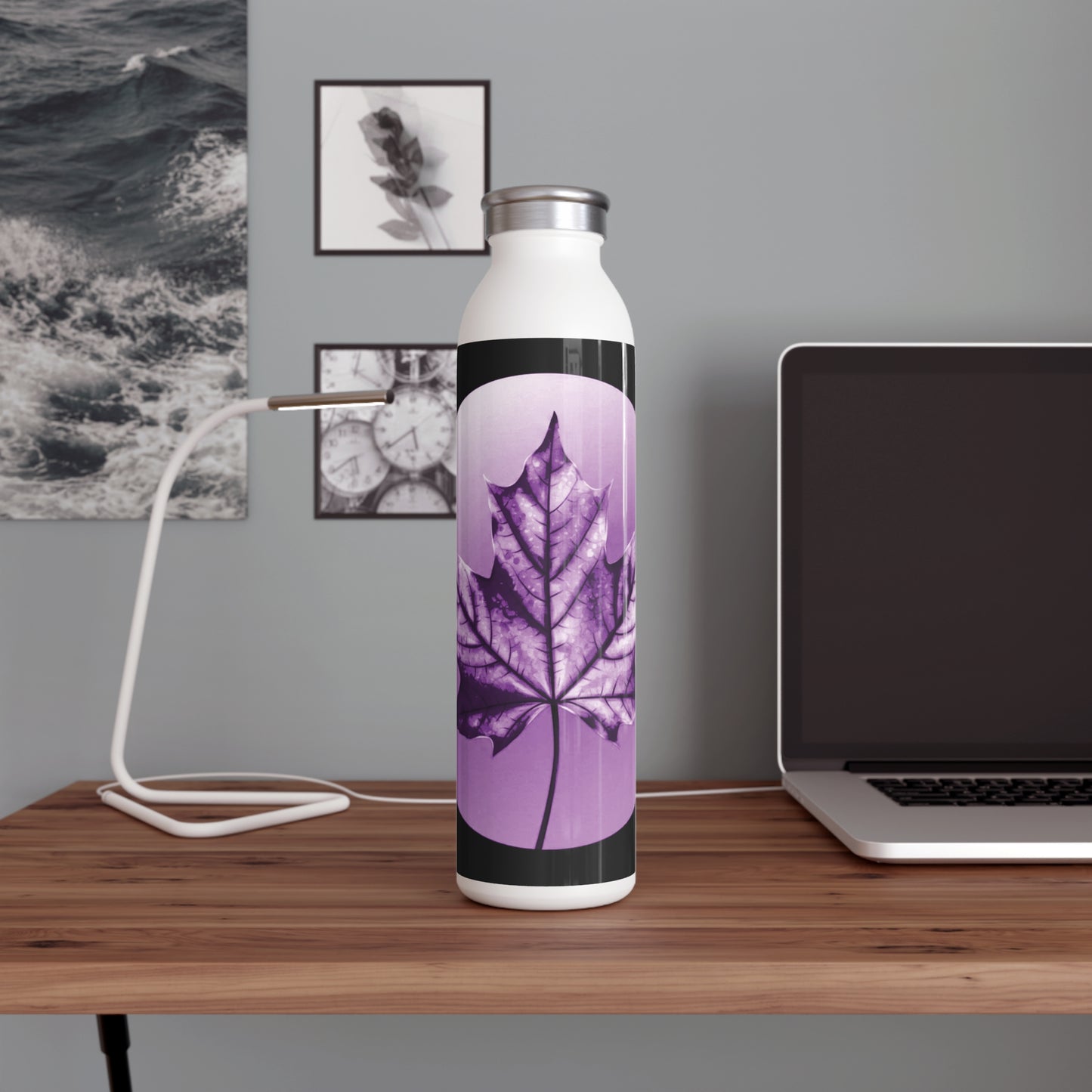 Purple Maple Leaf Slim Water Bottle, 20 oz White