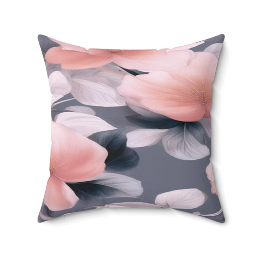 Peach and Blue Gray Floral Bunch Faux Suede Square Pillow, 20" x 20"