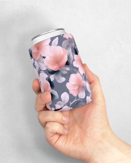 Peach and Blue Gray Floral Bunch 12 oz Can Cooler Sleeve