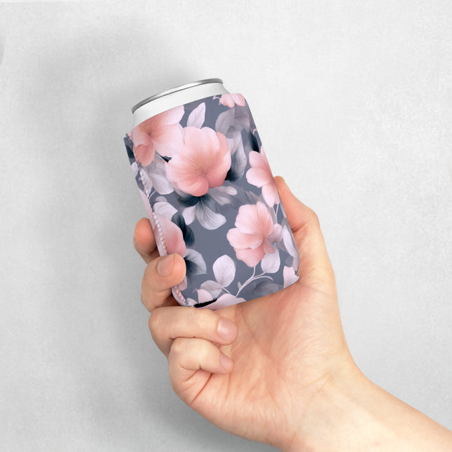 Peach and Blue Gray Floral Bunch 12 oz Can Cooler Sleeve