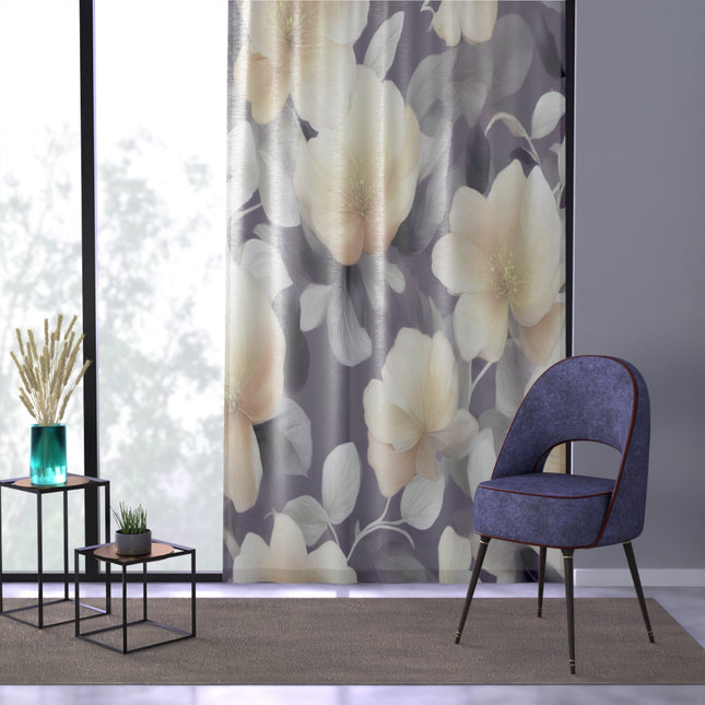 White Blush Floral Bunch Sheer Window Curtain, 50" x 84", partially transparent