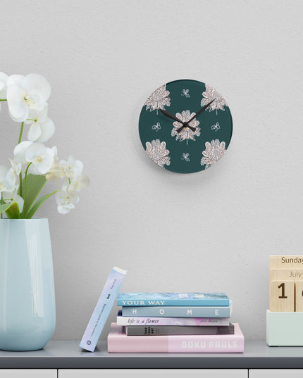 Soft White Floral Butterflies Acrylic Round Wall Clock, 8" x 8"