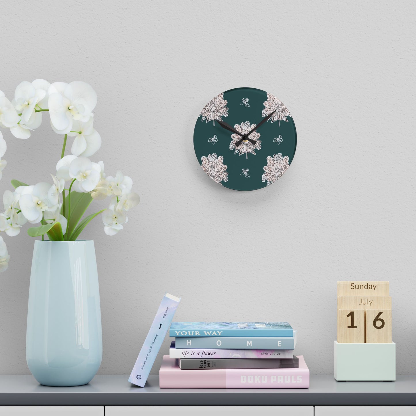 Soft White Floral Butterflies Acrylic Round Wall Clock, 8" x 8"