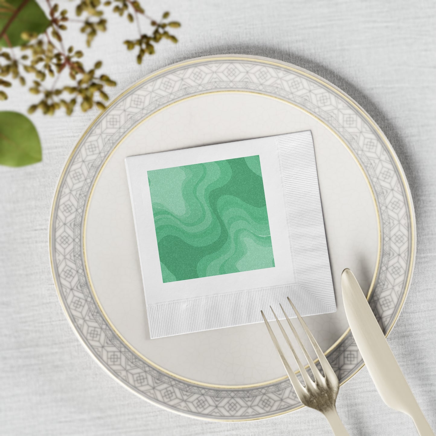 Mint Green Wavey White Coined Napkins, 4.8" x 4.8"