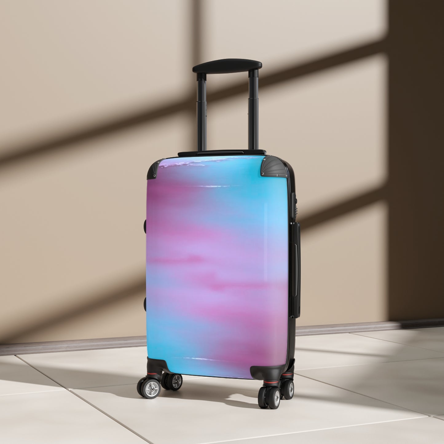 Wine Sea Blue Fog Small Suitcase with built in lock, 4 double-wheels, telescopic handle, and ABS back hard-shell