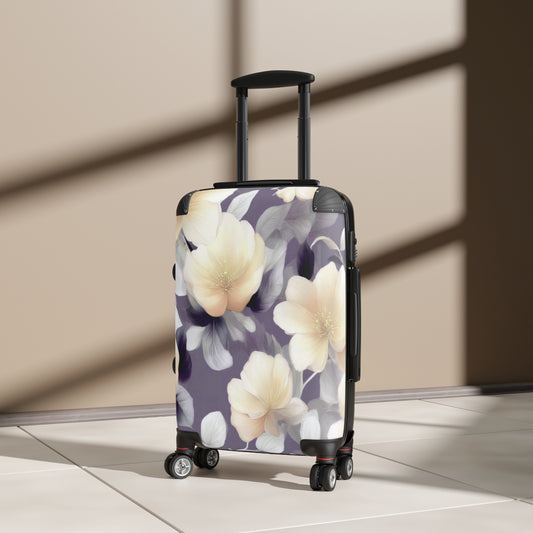 White Blush Floral Bunch Small Suitcase with built in lock, 4 double-wheels, telescopic handle, and ABS back hard-shell