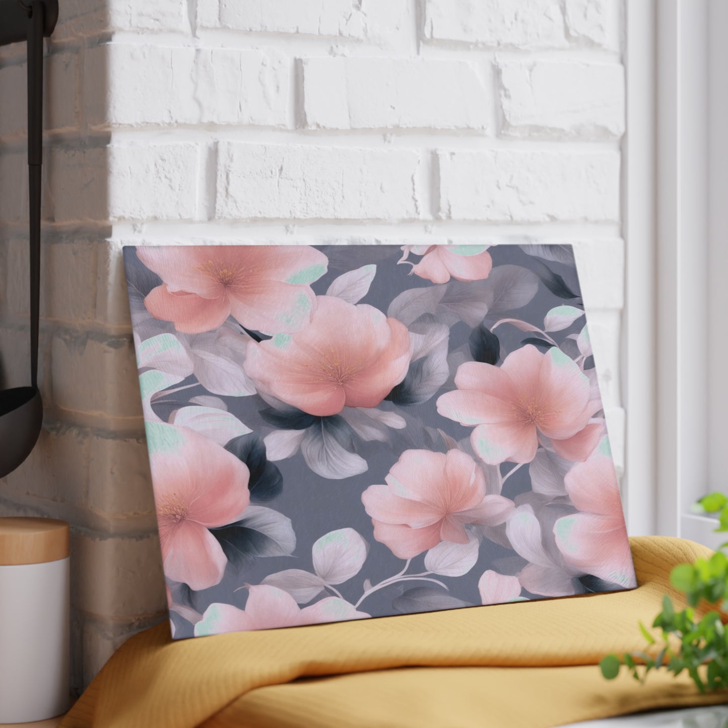 Peach and Blue Gray Floral Bunch Glass Cutting Board, 8" x 11"