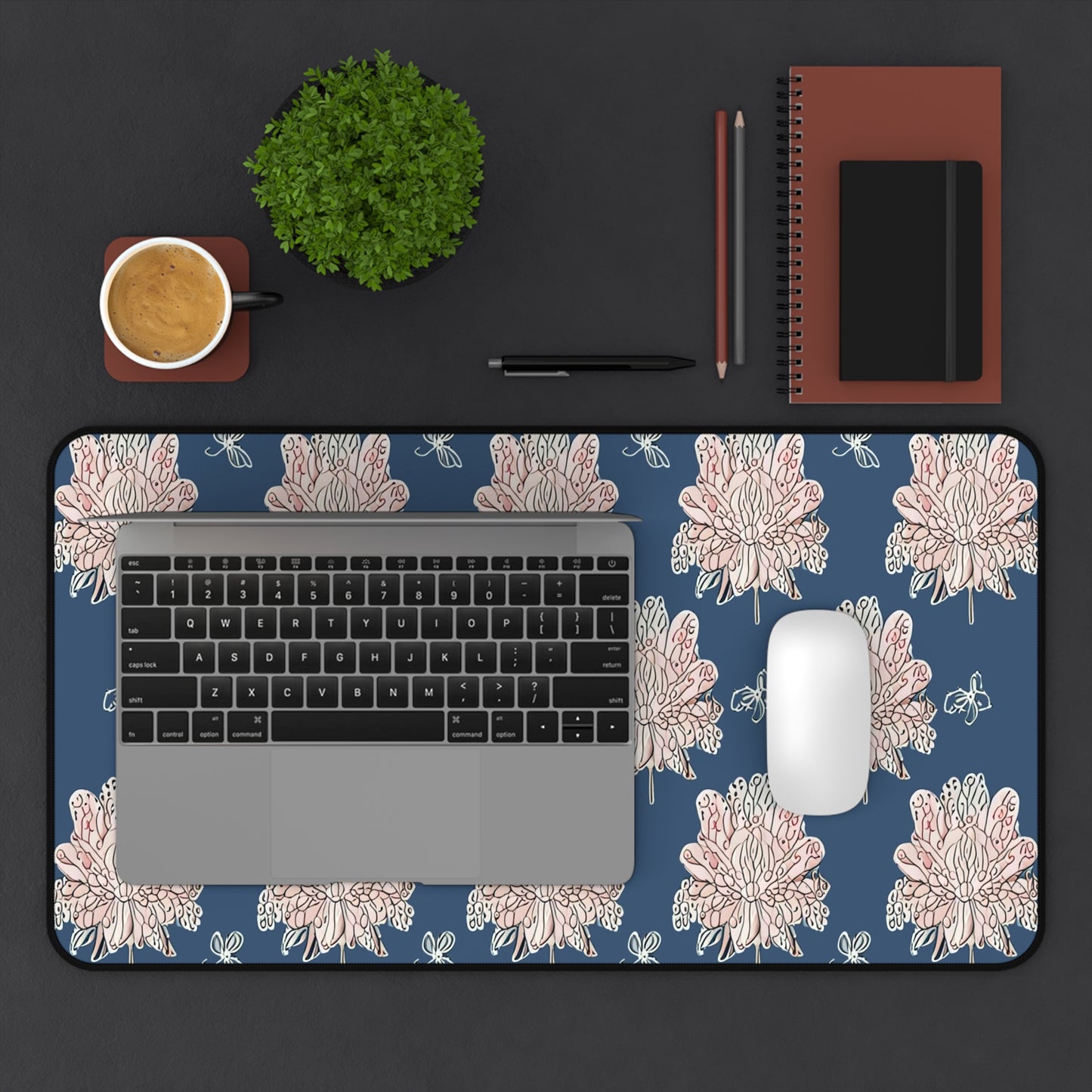 Rose White Floral Butterflies 12" x 22" Desk Mat
