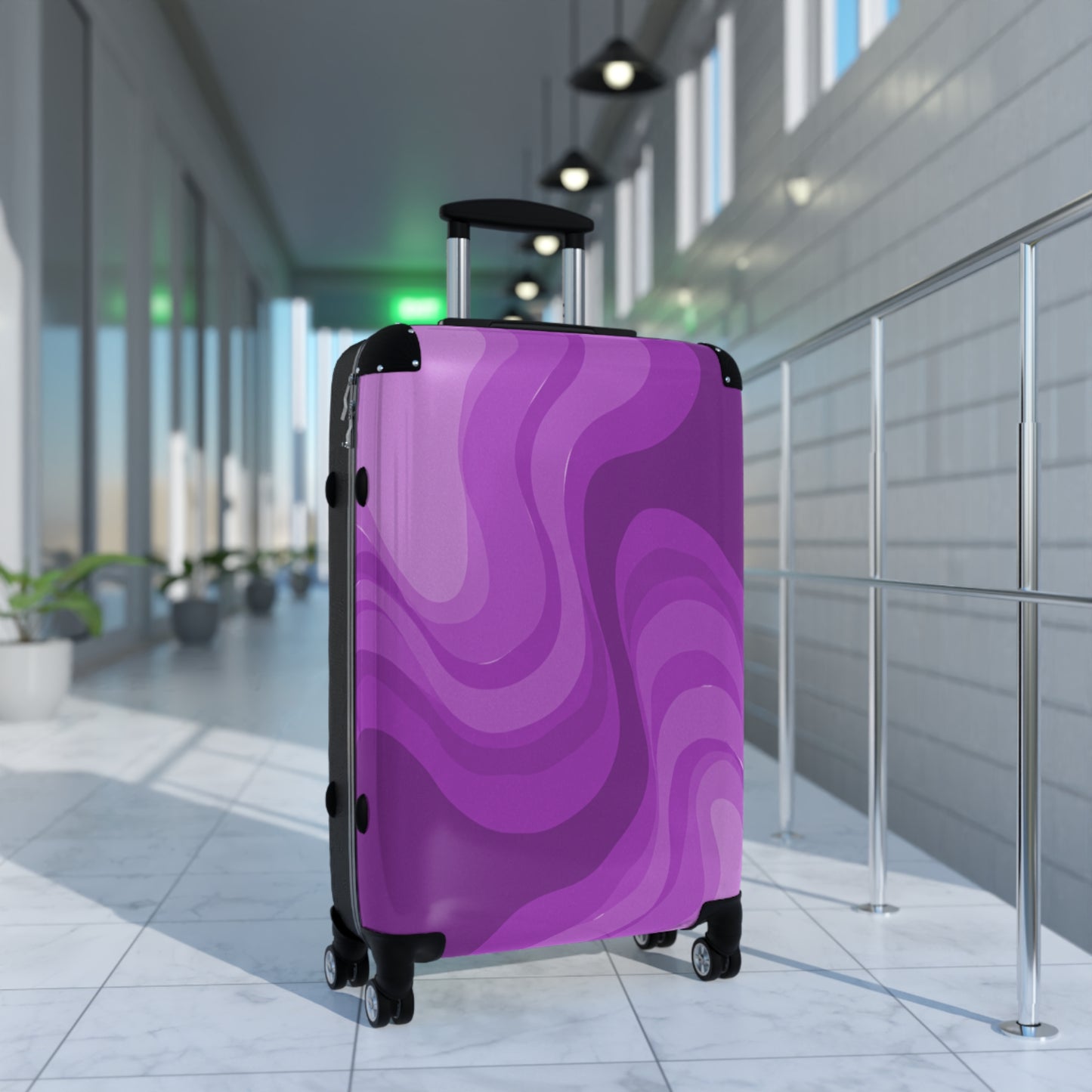 Wavey Purple Wavey Medium Suitcase with built in lock, 4 double-wheels, telescopic handle, and ABS back hard-shell
