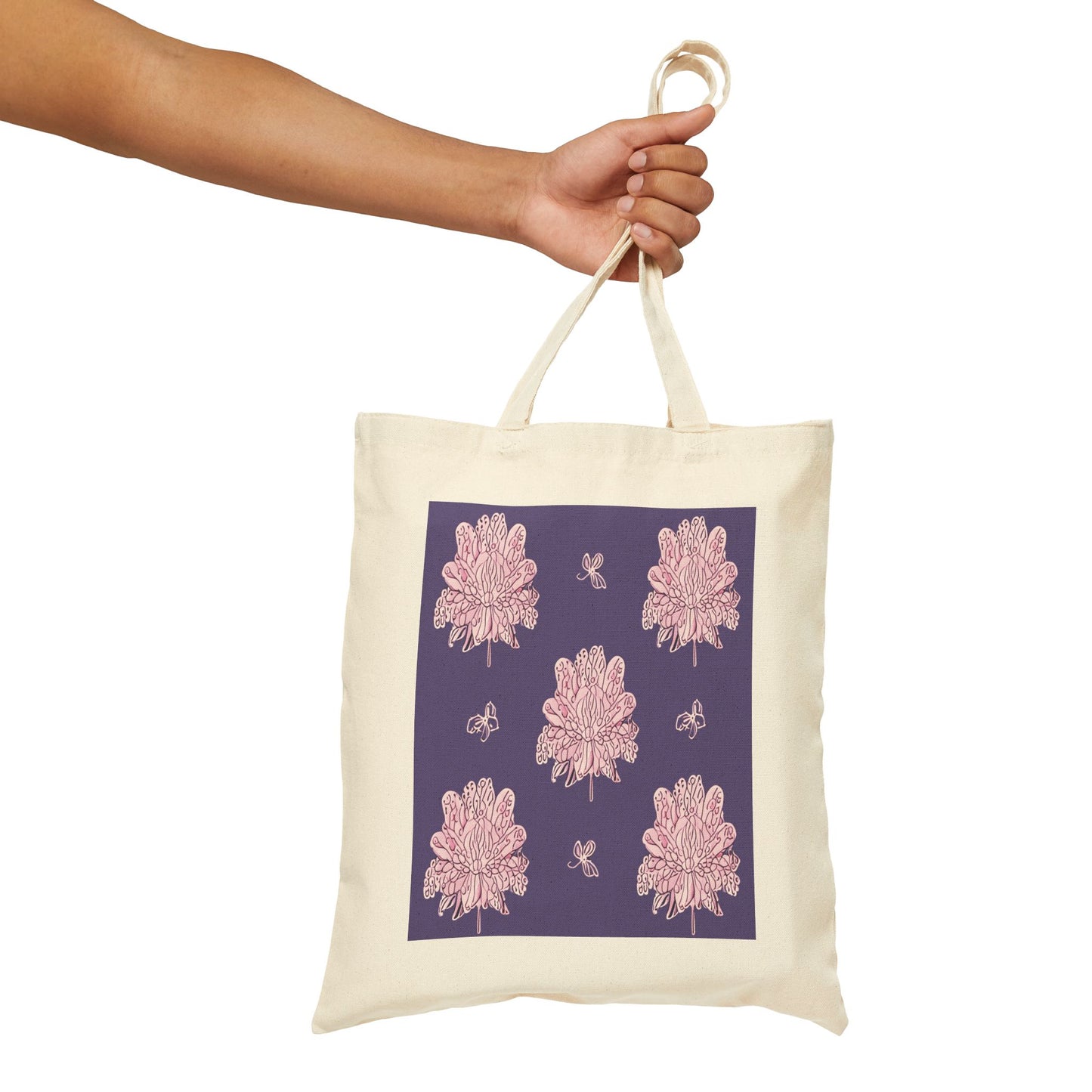 Magenta Floral Butterflies Cotton Canvas Tote Bag